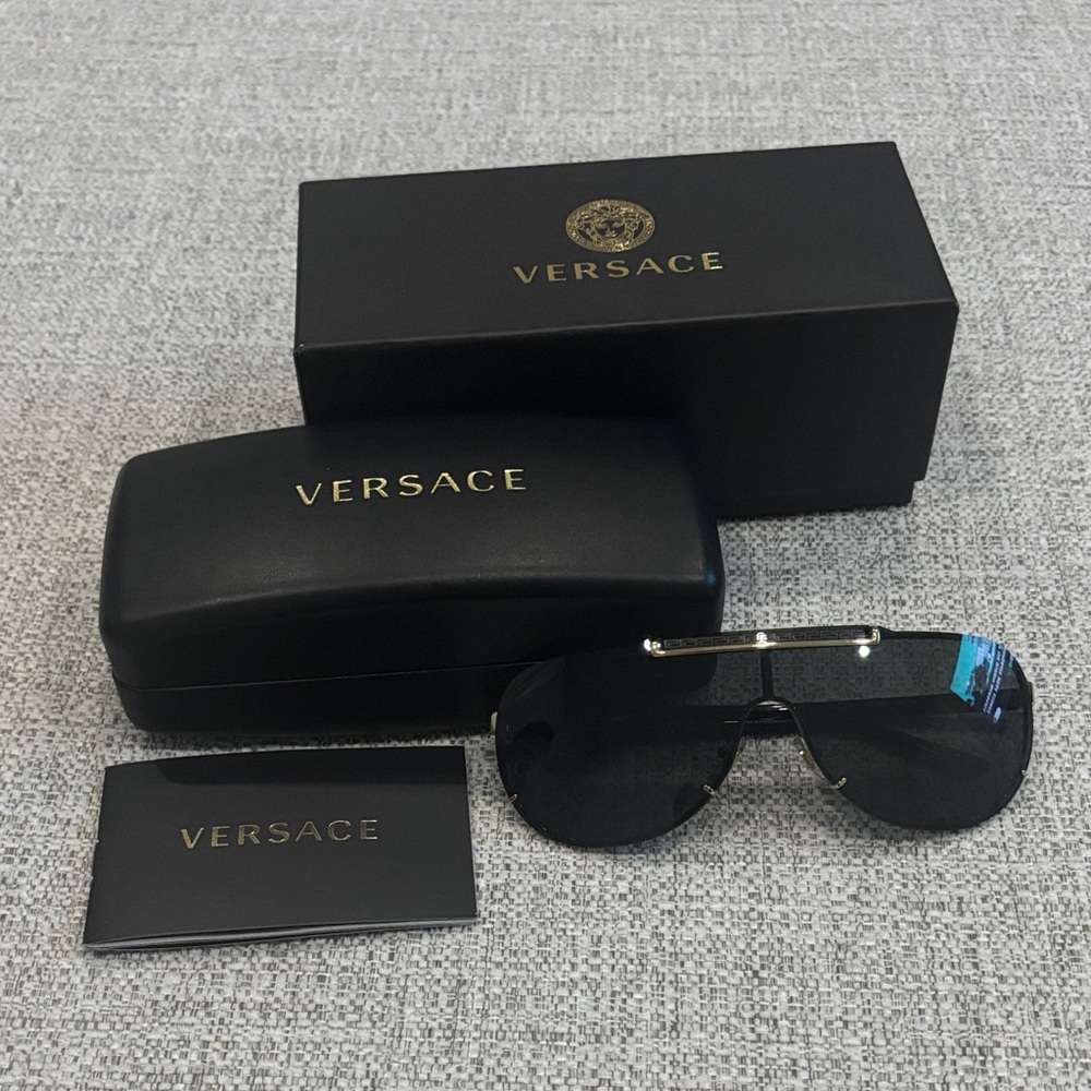 Versace Black Shield Sunglasses with gold Top Bar